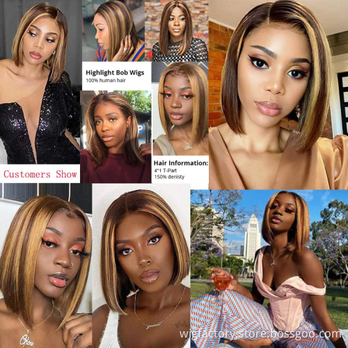Cheap T part human hair bob wigs lace front,colored bob wigs human hair,highlight 4/27 straight bob human hair lace front wigs